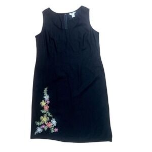 Vintage AKC Shift Dress Size 1X Black Linen Blend Floral Embroidered Retro Boho